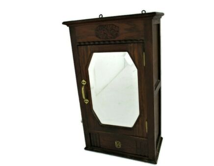 Vintage Wood Kitchen Apothecary Bathroom Medicine Wall Cabinet Hooks for Towels Pediment Beveled glass Mirror