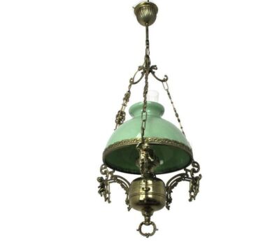 chandelier Small Lampe Belge Art Glass Green Shade Putti Cherubs Brass 1 Light