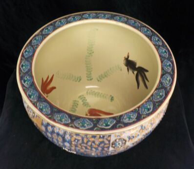 Large Vintage Chinese Porcelain Famille Rose Koi Fish Bowl Planter Vase Flowers