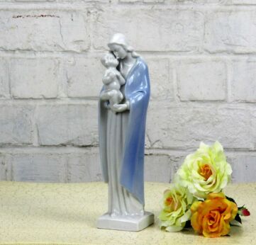 Porcelain Statue Virgin Mary Madonna Holy Mother Infant Child Blue Glazed 10.2"