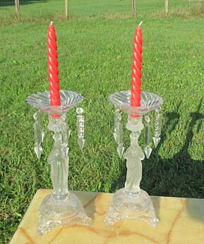 Antique pair couple glass Candlestick Holders Cut Prisms