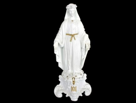 Large French Antique 1900 Bisque Statue Virgin Mary Our Lady Madonna Flower Garland Exquisite Marked 17.32"