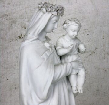 Antique Bisque Porcelain Statue Virgin Mary Infant Jesus Creil Montereau HTF 14"