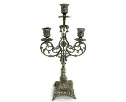 Gorgeous Embossed Spelter Ornate 3 Arm Candle Holder Candelabra Hollywood Regency