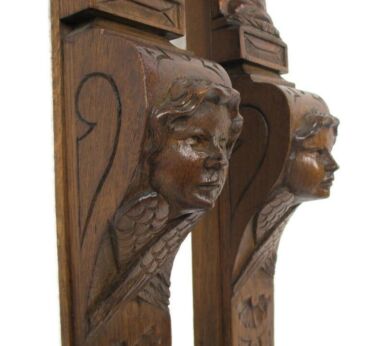 2 pieces Antique French Hand Carved Oak Cariatides Mythology Reclaimed Architectural Trim Pediment Salvage Wood