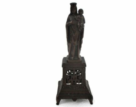 Miniature Statue Virgin Mary Our Lady Madonna Infant Jesus Christ Statue Rare Brass on Base 7.48"