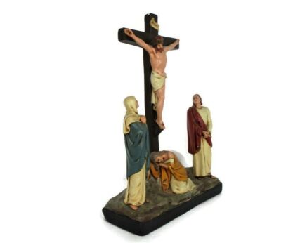 Vintage Calvary Crucifix Christ Crucifixion Mary Magdalene St John the Apostle Virgin Mary Plaster Stunning 20.47"