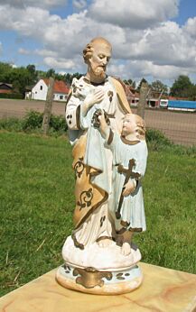 Antique Chalkware Saint Joseph Jesus Statuette Painted Plaster Child 17.72"