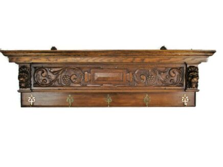 XXL Antique Carved Oak Wall Shelf Coat Hat Kitchen Rack Grapes Lion Heads 1900