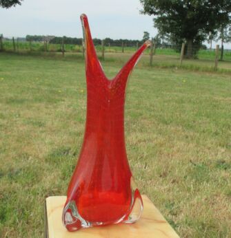 Vintage Red Vase Mid Century Glass Goblet vase Jar Controlled Bubbles