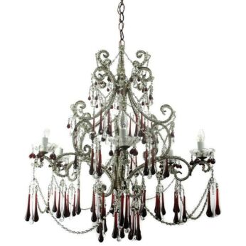 Large Macaroni Chandelier 6 Lights Red Beaded Drops Prisms Centerpiece Wood HTF