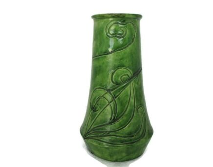 Antique Barbotine Majolica French Art Deco Green Vase Art Deco Faience Pottery 11.41"