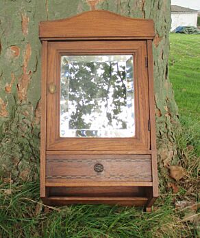 Antique French Medicine Bathroom Cabinet Beveled Glass Mirror Drawer Inlay