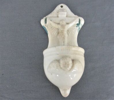 Antique White Holy Water Font Vessel Christ Porcelain Wall Hanging Crucifix 5.51"