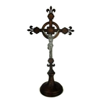 L Vintage French Standing Church Crucifix Wood Fleur de Lis Hand Made Christ