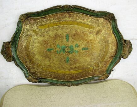 L Italian Mid Century Hollywood Regency Florentine Serving Tray Wood Green