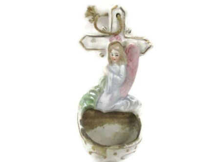 Small Vintage Holy Water Font Vessel Angel praying Bisque Porcelain Pastel 4.72"