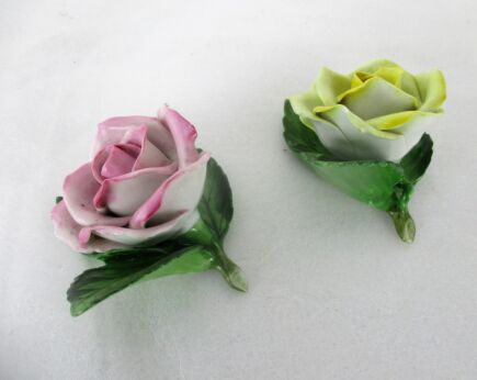 Two Porcelain Roses Herend Hungary Yellow Pink Card Holder Gorgeous Marked