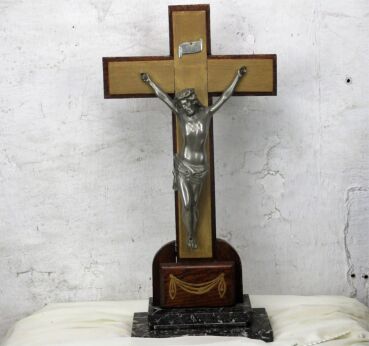 Large Art Deco Standing Table Crucifix Wood on Marble base Hand Made 22.44"