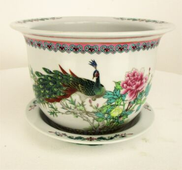 Chinese Porcelain Bowl Cachepot Planter Birds of Paradise Peacock Lovely 7.08"