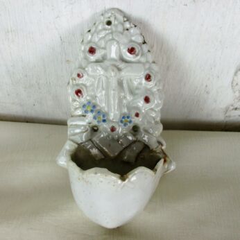 Small Vintage White Holy Water Font Vessel Crucifixion Bisque Porcelain Flowers