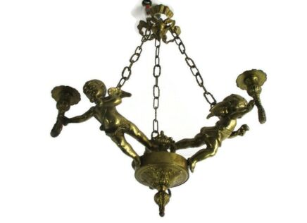 French Bronze Chandelier 3 Lights Arms Putti Cherub Hollywood Regency Romantic