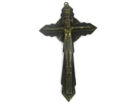 Lovely Vintage Ornate Brass Red Enamel Wall Hanging Crucifix French 11.41"