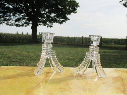 Vintage cut Glass Couple Pair Candle Holders Modern Style Tripod Lovely