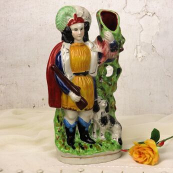 Statue Spill Vase Staffordshire Hunter Dog Earthenware Figurine Polychrome