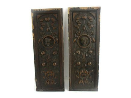 Pair Antique French hand Carved Wood Panels Reclaimed Architectural Breughel Style Figurine heads