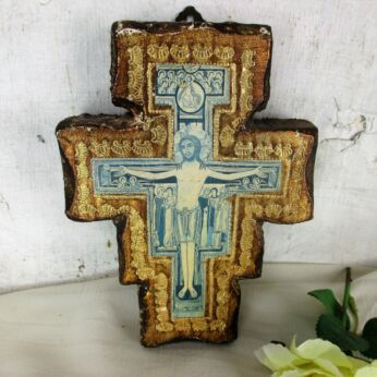Florentine Wood San Damiano Style Wall Hanging Crucifix Jesus Christ Gold Gilt