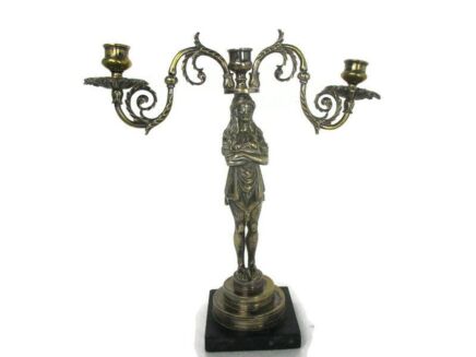 Vintage Candelabra 3 arm Hollywood Regency Bronze on Marble Base Cariatide Woman