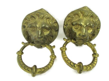 Pair Couple Vintage Brass Door Knockers Lion Head Architectural Reclaimed Door Drawer Handles Knobs Pulls