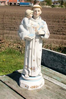 Lovely Antique St Anthony with Jesus Child Porcelain French Polychrome Statuette