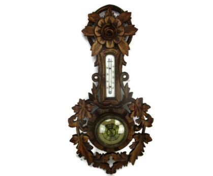 Hand Carved Wood Barometer Thermometer Weather Station Black Forest Style