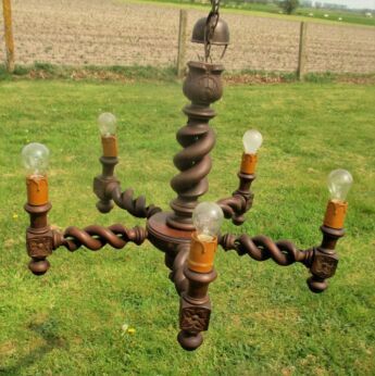 Antique Open Barley Twist Wooden Chandelier carved Wood 5 arm lamp