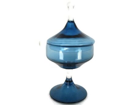Vintage Goblet Apothecary Jar Lidded Art Glass Blue Mid Century funky Italian