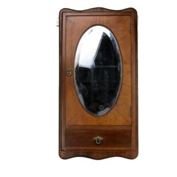 Vintage hand Carved Medicine Wall Cabinet Apothecary Beveled Glass Oval Mirror