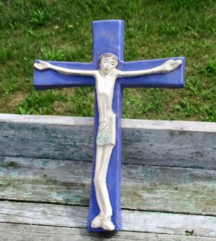 Mid Century Design Ceramic Modernist Crucifix Blue White era Amphora Perignem