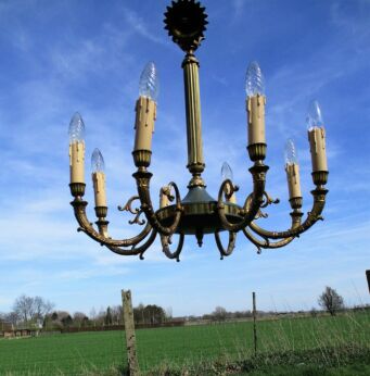 Ornate French Empire Chandelier 8 Arm Lights Green Tole Brass