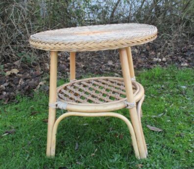 Vintage Wicker Round Coffee Side Table Plant Stand Mid Century Rattan