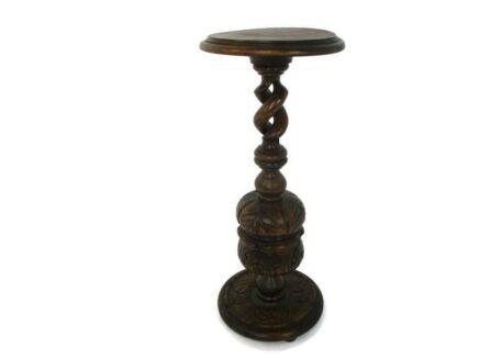 Hand Carved Wood Open Barley Twist Pedestal Display Side Table Plant Bonsai Stand Country Farmhouse Barn Style Gorgeous Ornate Base 24.01"