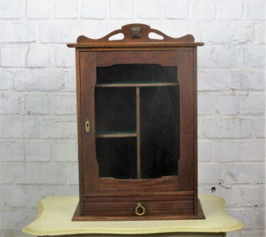 Vintage Kitchen Medicine Bathroom Cabinet Apothecary Wood Glass Doors Pediment