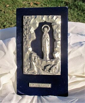 Small Vintage Wall Plaque Notre Dame de Lourdes France on blue velvet Nostalgic