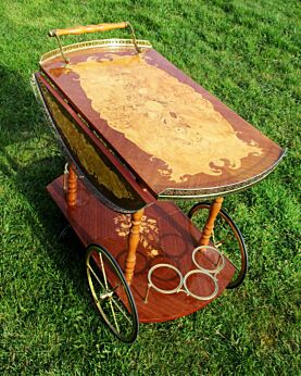Bar Cart Italian Hollywood Regency Foldable Drop Leaf Inlay Marquetry Round top