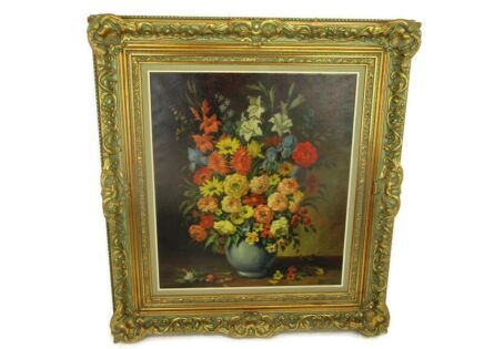 XL Oil Painting Ornate Wood Plaster Frame Still Life Flowers Signed Gorgeous