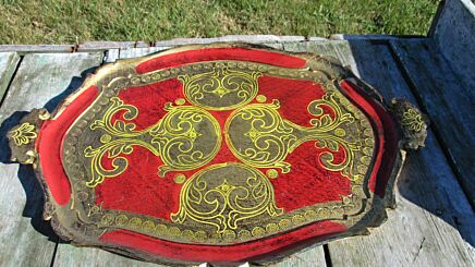 Italian Mid Century Hollywood Regency Florentine Serving Tray Red Yellow