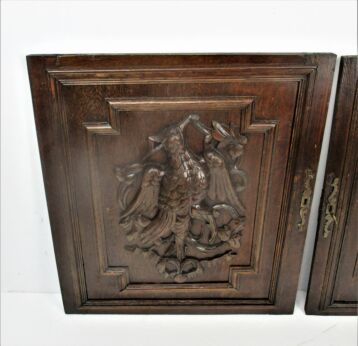 Pair Antique French hand Carved Wood Oak Door Panels Reclaimed Architectural Birds Hunter Cabinet