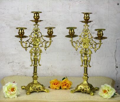 Couple Ornate Candle Holder Candelabra 3 arm Virgin Mary Infant Light Brass