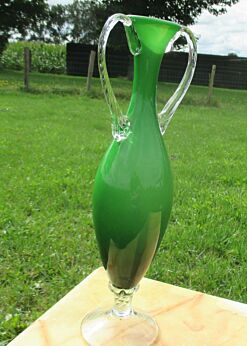 Vintage Green Bottle Vase twisted Stem 2 Ears Handles Art Glass pitcher